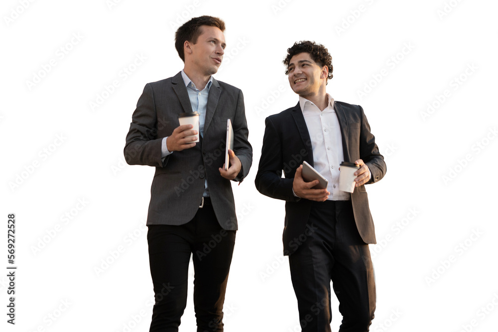 Two businessmen talking about the company's strategy, isolated transparent, PNG background.
Two businessmen talking about the company's strategy, isolated transparent, PNG background.