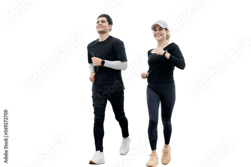 Running couple man and woman full height fitness clothes and sneakers, isolated PNG background. 
