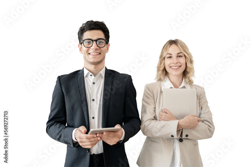 Stampa su tela Partners colleagues in the office man and woman teamwork in formal attire, isolated transparent background