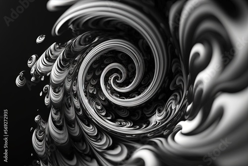  a black and white photo of a spiral design with water droplets on it's surface, with a black background and a black background. generative ai