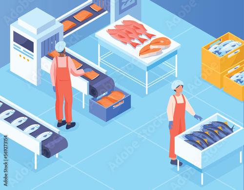 Fish production conveyor. Automation of production, workers follow meat processing machines. Natural and organic product, canned food. Poster or banner for site. Cartoon isometric vector illustration