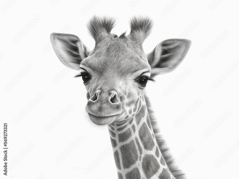 AI Generated: Black and White Giraffe Portrait Illustration