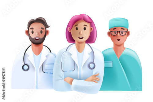 3D doctor medical team, healthcare personnel, vector female male hospital staff character face. Cartoon young nurse professional clinic cardiologist, emergency help therapist. 3D doctor smiling avatar