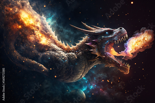 Photo Space Dragon - Mythology creature - fantasy illustration - wyvern - Generative A