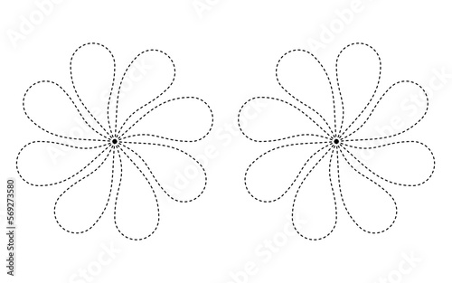 Dashed outline of two Flowers with eight petals facing in different directions vector