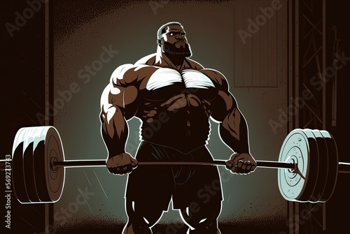 black muscular male athlete exercises with barbell in gym. Cartoon style. Generative AI