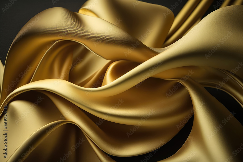 Silk fabric flowing, gold fluid colors, abstract background. Generative AI.