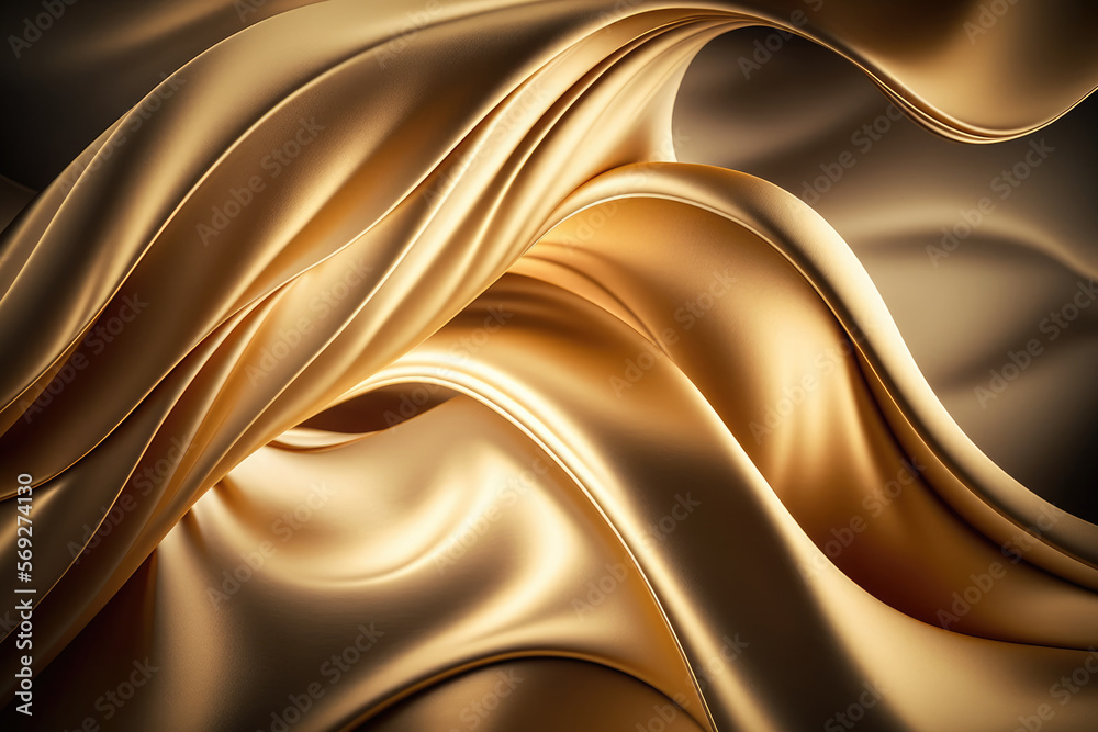 Fototapeta premium Gold silk fabric flowing, fluid colors, abstract background. Generative AI.