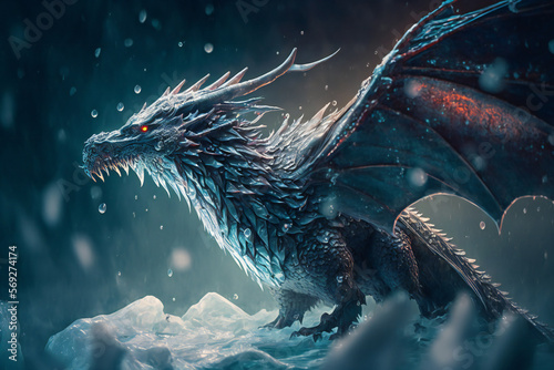 Ice Dragon - Mythology creature - fantasy illustration - wyvern - Generative AI