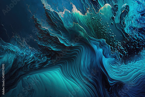 Fluid colors, ocean theme, liquid colors, blue and green paints, abstract background. Generative AI.