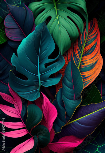 Monstera colorful leaves background. Tropical plants full of colors. Botanical gardening to decorate spaces plentry of vibrant life. 3D rendering.