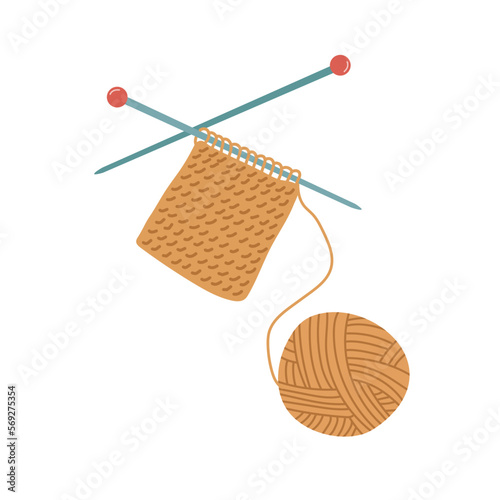Ball of yarn with knitting needles and bound canvas. Clews, skeins of wool. Tools for knitwork, handicraft, crocheting, hand-knitting. Female hobby. Vector cartoon illustration