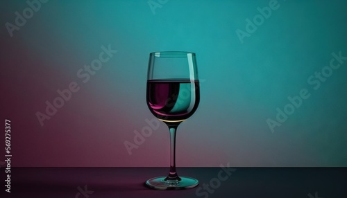  a glass of wine sitting on top of a table next to a green and purple background with a shadow of a glass on the table. generative ai