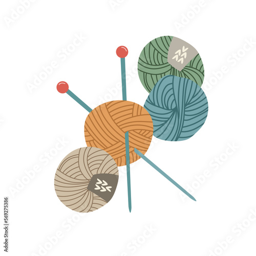 Balls of yarn with knitting needles isolated on white background. Clews, skeins of wool. Tools for knitwork, handicraft, crocheting, hand-knitting. Hobby. Vector illustration