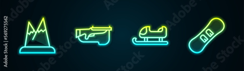 Set line Mountains, Biathlon rifle, Sled and Snowboard. Glowing neon icon. Vector