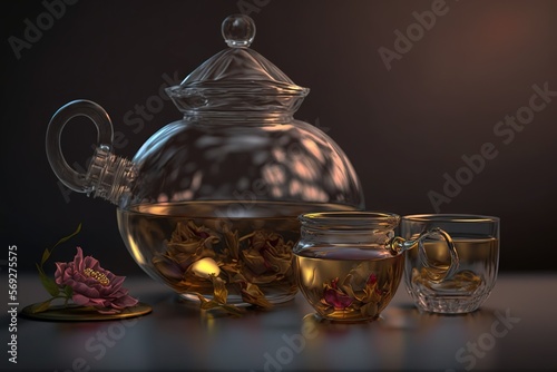  a glass tea pot and two cups filled with tea on a table next to a plate with a flower on it and a glass tea pot with a lid. generative ai