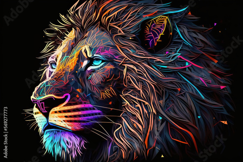 Geometric cyberdelic lion head neon effect glowing with the face in a polygon abstract pattern  Generative AI.