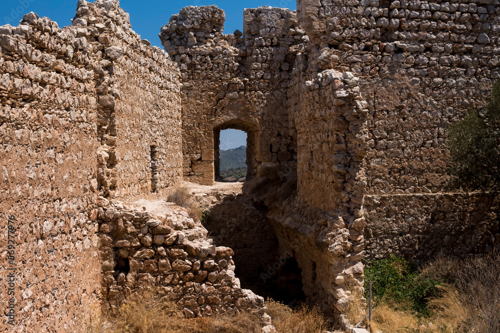 Ruins of Kritinia Castle at the shore of Mediterranean Sea