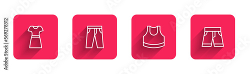 Set line Woman dress  Pants  Female crop top and Short or pants with long shadow. Red square button. Vector