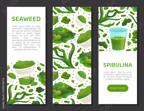Seaweed Spirulina Banner Design with Green Superfood Vector Template