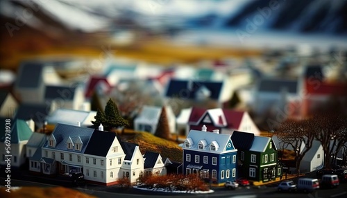 miniature style bird eye view picture of small town, inspired from Iceland landscape, Generative Ai not real place