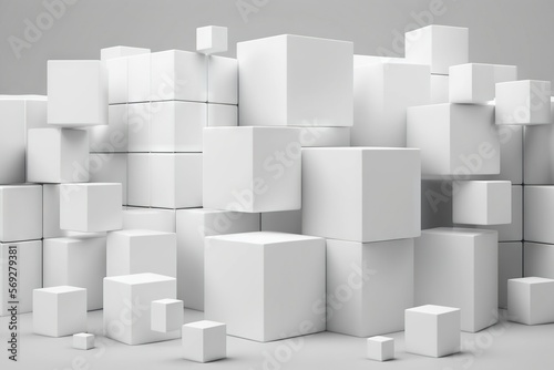  a pile of white cubes sitting next to each other on top of a table in front of a gray wall with a white background. generative ai