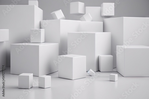  a bunch of white boxes sitting on top of a white floor next to each other on a white floor with a gray wall in the background. generative ai