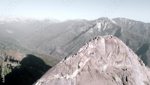 Aerial drone view of Moro Rock and staircase in the giant forest of Sequoia National Park, California