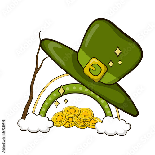 Leprechaun trap with hat and coins, illustration for greeting cards on St Patricks Day