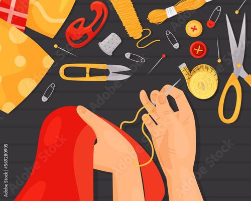 Hands Sewing with Tools for Handmade Craft Above View Vector Illustration
