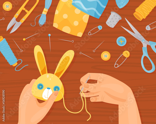 Hands Sewing with Tools for Handmade Craft Above View Vector Illustration