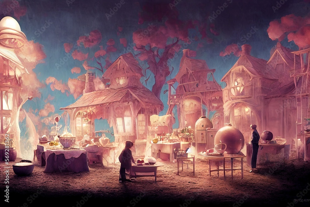 cosy feast at night in fantasy dreamland desing illustration
