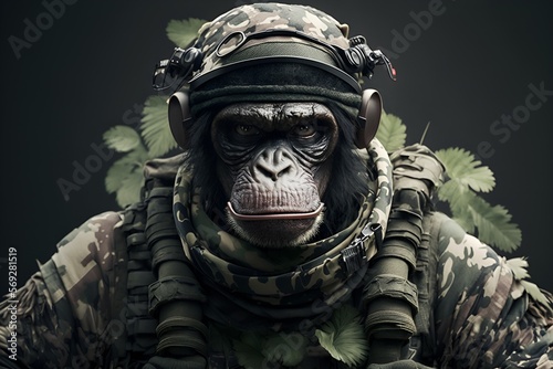Fototapeta Portrait of a chimpanzee dressed in a military tactical uniform, generative ai