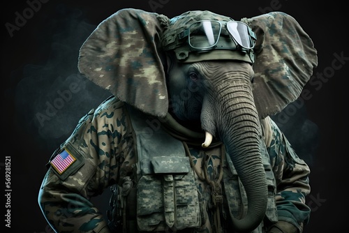 Portrait of an elephant dressed in a tactical military outfit, generative ai Fototapet
