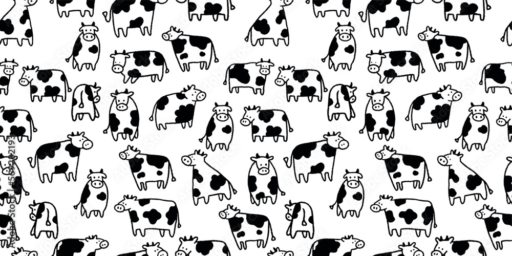 Cute Cow Hand-Drawn Illustration Vector Seamless Pattern Nursery Black and White Design