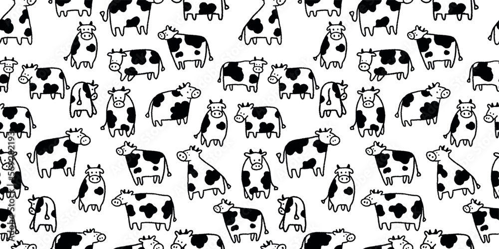 Cute Cow Hand-Drawn Illustration Vector Seamless Pattern Nursery Black and White Design Cute Cow Hand-Drawn Illustration Vector Seamless Pattern Nursery Black and White Design