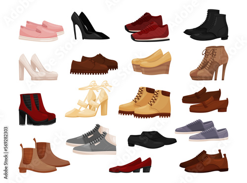 Footwear set. Fashionable male and female shoes, boots, high heels cartoon vector illustration