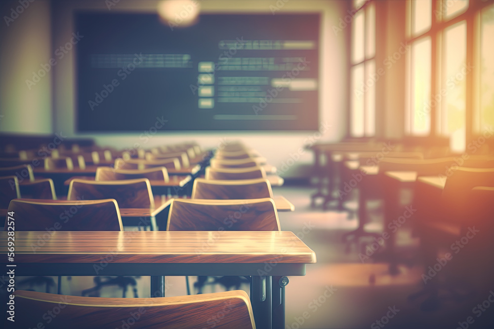 Empty defocused university classroom. generative ai. Business conference room. Blurred school classroom without students with empty chairs and tables - obrazy, fototapety, plakaty 