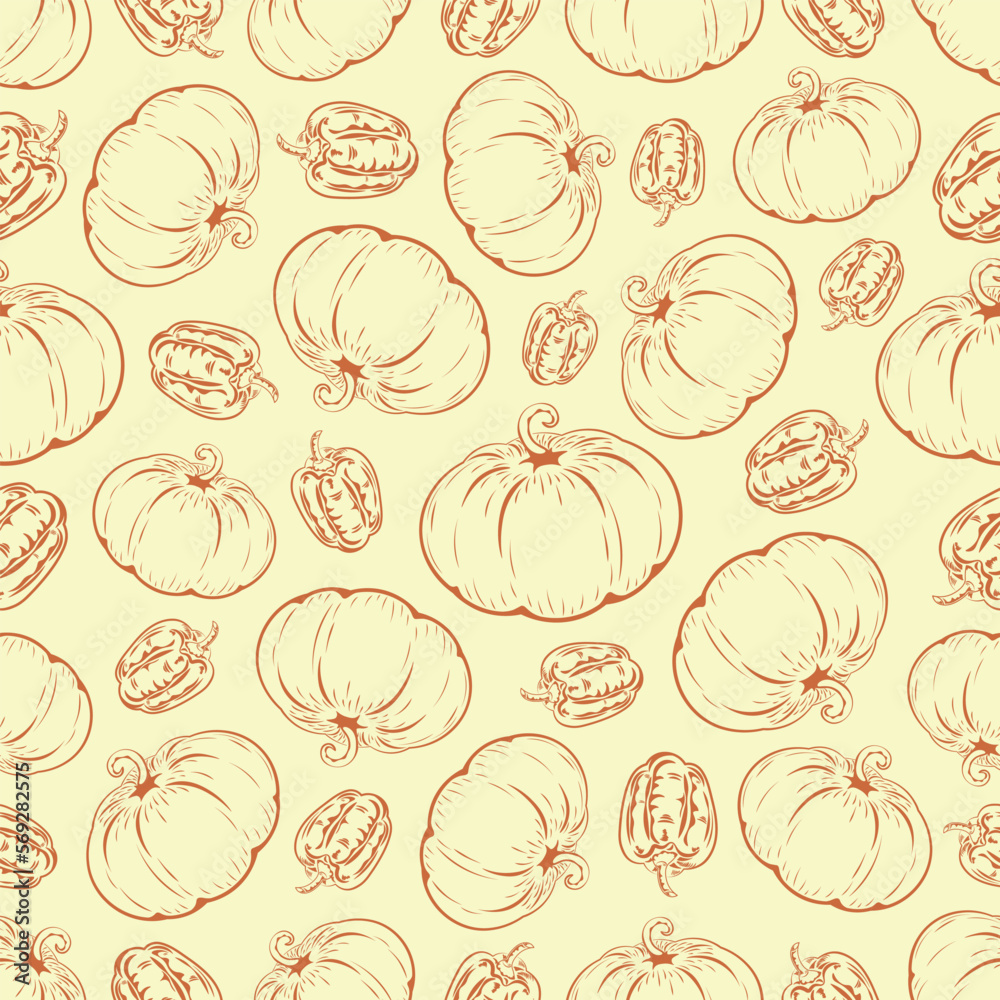 Seamless pattern consisting of pumpkin and pepper, vector, seamless pattern, background, vegetables, line, drawing, vitamins, greens, food Seamless pattern consisting of pumpkin and pepper, vector, seamless pattern, background, vegetables, line, drawing, vitamins, greens, food