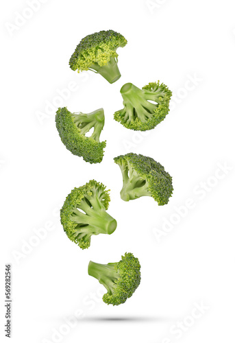 Piece of broccoli falling in the air isolated on transparent background. PNG