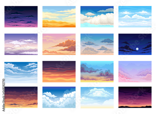 Sky at different times of day, daily cycle illustration. Beautiful sky in morning, day and night cartoon vector illustration