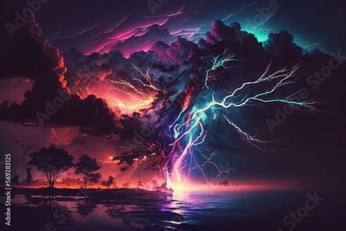 Colorful Thunder Storm Separating Sea And Land (Generative AI)