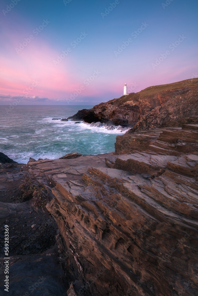 Trevose Head Lighthouse, Cornwall, England, United Kingdom Seacape Stock Photo