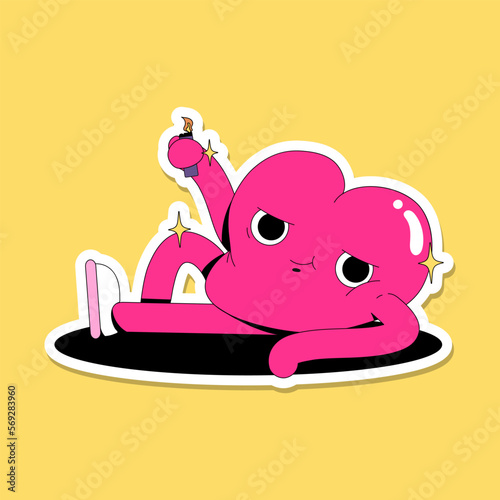 Cute funny flat love illustrations. Bright pink vector sticker pack with hearts with faces in love. Self love. Valentine's Day illustrations bundle.  Posing with the lighter.