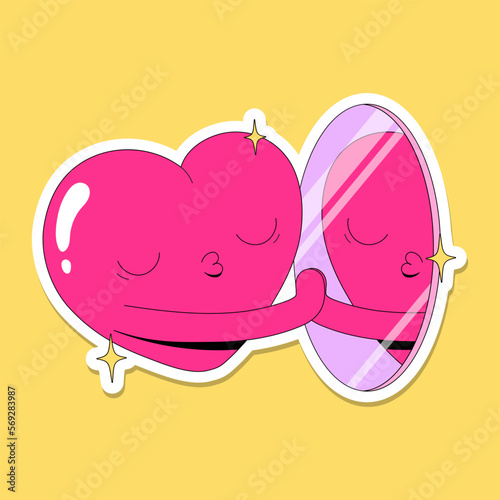 Cute funny flat love illustrations. Bright pink vector sticker pack with hearts with faces in love. Self love. Valentine's Day illustrations bundle. Kissing mirror.