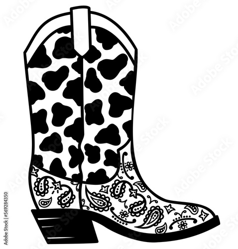 Cowboy boot with cow decoration vector illustration. Vector American cowboy boot with bandanna decor black white graphic design isolated on white for print.