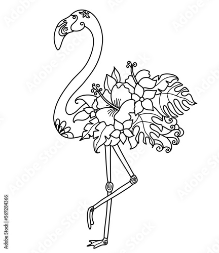 Flamingo black line style for coloring book. Vector flamingo with tropical flowers decoration isolated on white background for print.