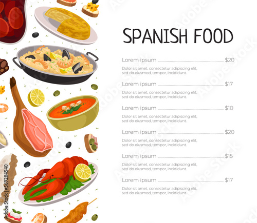 Spanish food menu template set. Delicious traditional dishes of Spain flyer, card, business promote cartoon vector