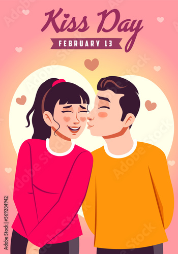 Happy, cheerful young couple in love celebrating kiss Day. Concept of human emotions, facial expression, love, relations, romantic holidays. Post design for valentine's day used in blogging, website.