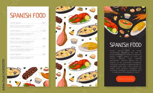 Spanish food menu layout set. Cuisine of Spain web banner, landing page, flyer, card with traditional dishes seamless pattern cartoon vector